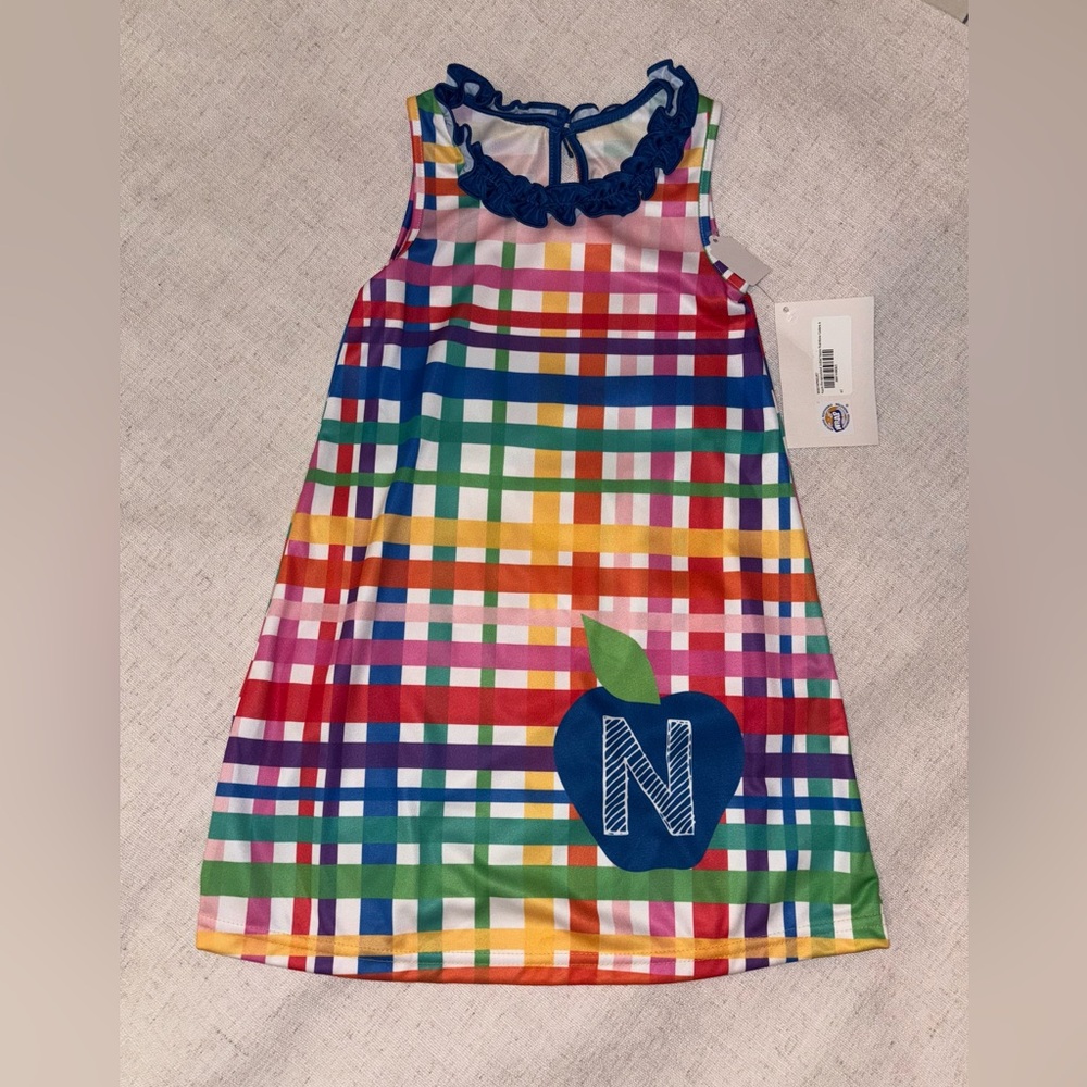 Colorful Plaid Sleeveless Dress with Apple Design (Letter N)